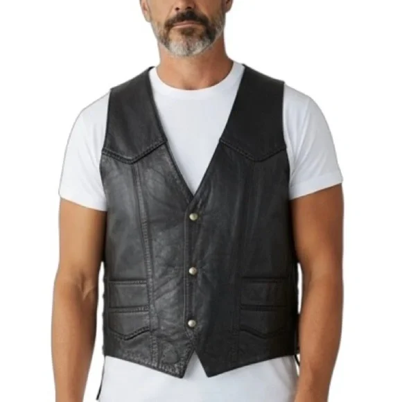 Vtg Le Cuir Niko Leather Biker Vest Black Size L, Eagle Embrossed Braided Detail - Picture 2 of 14